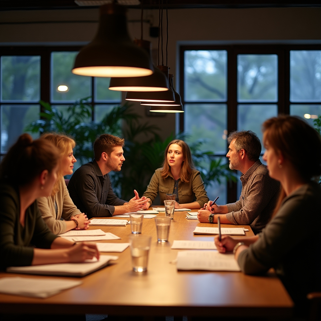 Small group of studio owners in an evening workshop session, seated around a table with notebooks