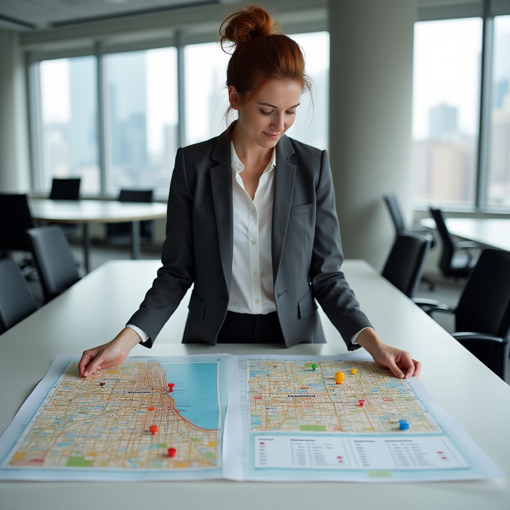 Studio operator reviewing maps and schedules for multiple fitness studio locations spread across a city
