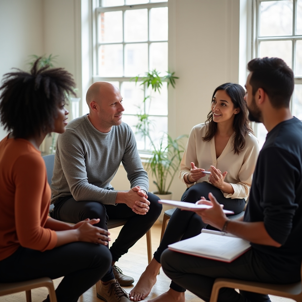 Small group of yoga and fitness studio owners in discussion during a business workshop